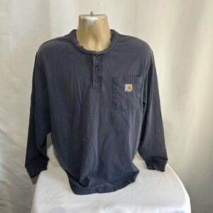 Carhartt Shirt Mens Size L Navy Blue Henley Long Sleeve Pocket K128 Workwear